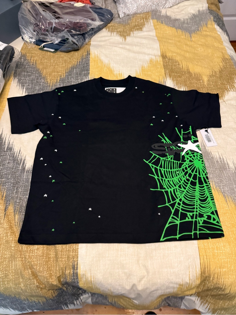 Sp5der Men’s Black T-Shirt with Bright Green Spiderweb Graphic Size S